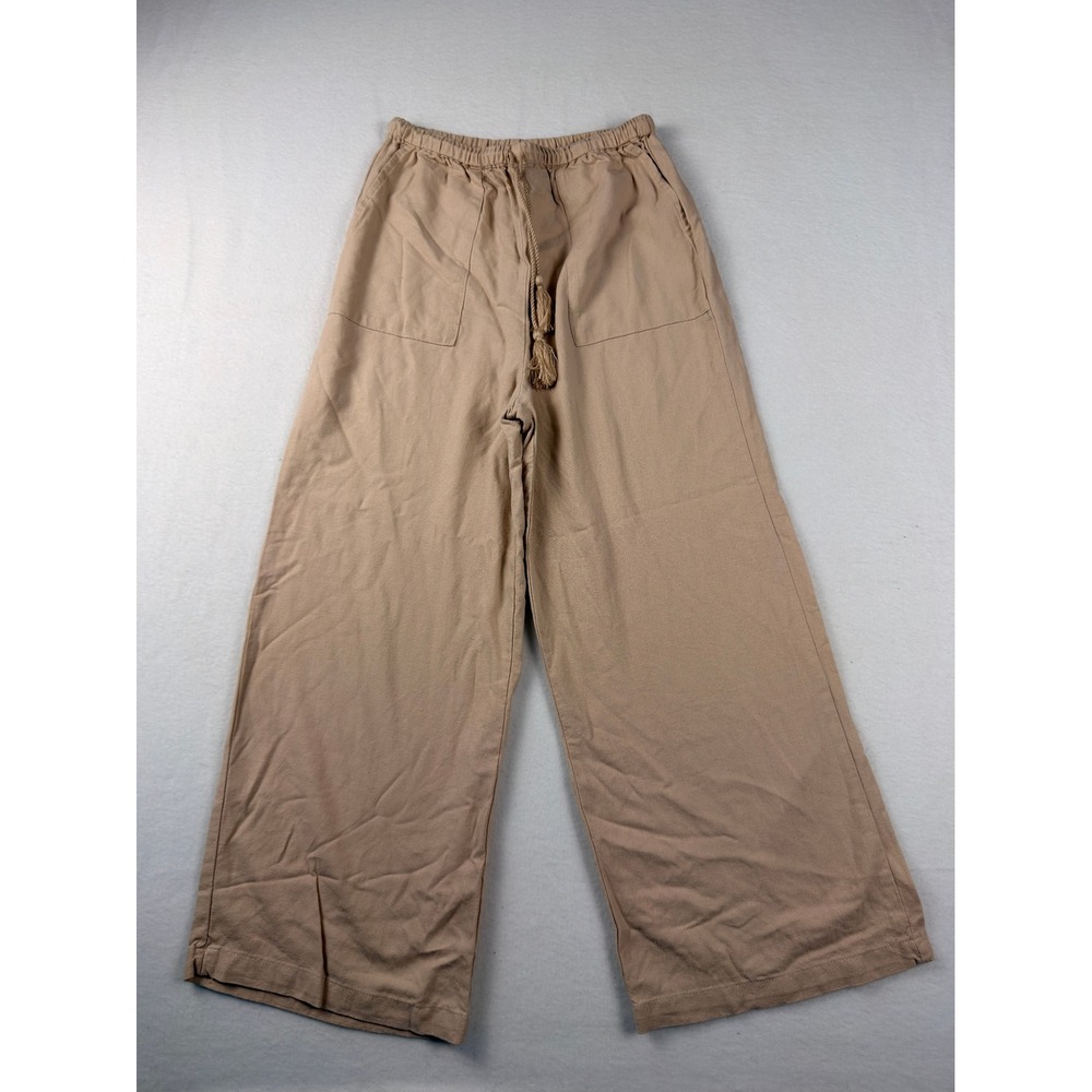 Love Tree Womens Tan Linen Blend Wide Leg Tassel Drawstring Pants S 6981PM